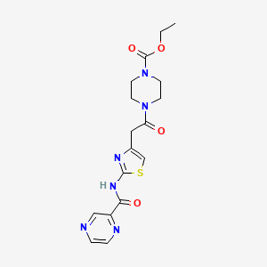 molecular formula C17H20N6O4S B2580134 Ethyl 4-(2-(2-(pyrazine-2-carboxamido)thiazol-4-yl)acetyl)piperazine-1-carboxylate CAS No. 1208900-62-2