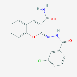 molecular formula C17H12ClN3O3 B2580140 (2E)-2-[(3-chlorobenzoyl)hydrazono]-2H-chromene-3-carboxamide CAS No. 1322008-61-6