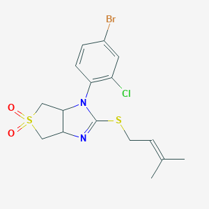 molecular formula C16H18BrClN2O2S2 B258019 1-(4-bromo-2-chlorophenyl)-2-[(3-methyl-2-butenyl)sulfanyl]-3a,4,6,6a-tetrahydro-1H-thieno[3,4-d]imidazole 5,5-dioxide 