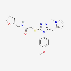 molecular formula C22H27N5O3S B2580348 2-[[4-(4-甲氧基苯基)-5-[(1-甲基吡咯-2-基)甲基]-1,2,4-三唑-3-基]硫代]-N-(氧杂环-2-基甲基)乙酰胺 CAS No. 847393-41-3
