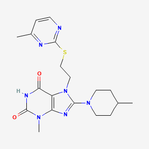molecular formula C19H25N7O2S B2580389 3-methyl-8-(4-methylpiperidin-1-yl)-7-(2-((4-methylpyrimidin-2-yl)thio)ethyl)-1H-purine-2,6(3H,7H)-dione CAS No. 850914-24-8