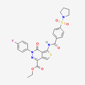 molecular formula C26H23FN4O6S2 B2580465 Ethyl 3-(4-fluorophenyl)-4-oxo-5-[(4-pyrrolidin-1-ylsulfonylbenzoyl)amino]thieno[3,4-d]pyridazine-1-carboxylate CAS No. 851949-87-6