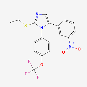 molecular formula C18H14F3N3O3S B2580472 2-(乙硫基)-5-(3-硝基苯基)-1-(4-(三氟甲氧基)苯基)-1H-咪唑 CAS No. 1226439-89-9