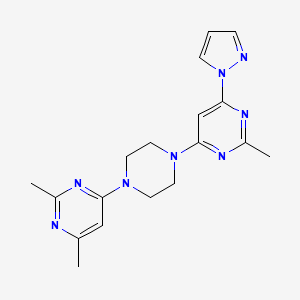 molecular formula C18H22N8 B2580552 2,4-Dimethyl-6-[4-(2-methyl-6-pyrazol-1-ylpyrimidin-4-yl)piperazin-1-yl]pyrimidine CAS No. 2415629-26-2