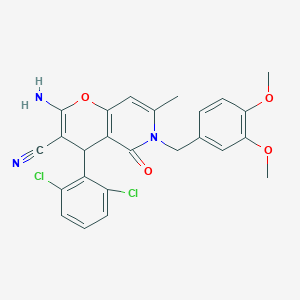 molecular formula C25H21Cl2N3O4 B258060 2-amino-4-(2,6-dichlorophenyl)-6-(3,4-dimethoxybenzyl)-7-methyl-5-oxo-5,6-dihydro-4H-pyrano[3,2-c]pyridine-3-carbonitrile 