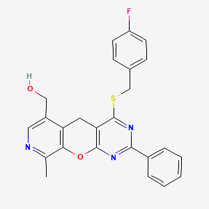 molecular formula C25H20FN3O2S B2580616 (4-((4-fluorobenzyl)thio)-9-methyl-2-phenyl-5H-pyrido[4',3':5,6]pyrano[2,3-d]pyrimidin-6-yl)methanol CAS No. 892414-86-7