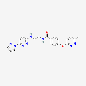 molecular formula C21H20N8O2 B2580660 N-(2-((6-(1H-pyrazol-1-yl)pyridazin-3-yl)amino)ethyl)-4-((6-methylpyridazin-3-yl)oxy)benzamide CAS No. 1251706-33-8