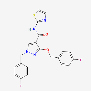 molecular formula C21H16F2N4O2S B2580674 1-(4-fluorobenzyl)-3-((4-fluorobenzyl)oxy)-N-(thiazol-2-yl)-1H-pyrazole-4-carboxamide CAS No. 1014068-29-1
