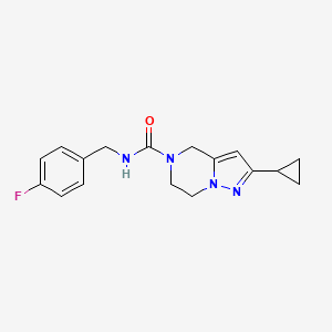 molecular formula C17H19FN4O B2580698 2-cyclopropyl-N-(4-fluorobenzyl)-6,7-dihydropyrazolo[1,5-a]pyrazine-5(4H)-carboxamide CAS No. 2034294-30-7