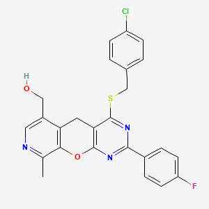 molecular formula C25H19ClFN3O2S B2580746 (4-((4-chlorobenzyl)thio)-2-(4-fluorophenyl)-9-methyl-5H-pyrido[4',3':5,6]pyrano[2,3-d]pyrimidin-6-yl)methanol CAS No. 892414-74-3