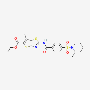 molecular formula C22H25N3O5S3 B2580787 Ethyl 6-methyl-2-(4-((2-methylpiperidin-1-yl)sulfonyl)benzamido)thieno[2,3-d]thiazole-5-carboxylate CAS No. 683790-93-4