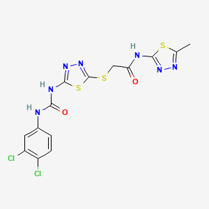 molecular formula C14H11Cl2N7O2S3 B2580829 2-((5-(3-(3,4-dichlorophenyl)ureido)-1,3,4-thiadiazol-2-yl)thio)-N-(5-methyl-1,3,4-thiadiazol-2-yl)acetamide CAS No. 922665-69-8