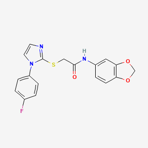 molecular formula C18H14FN3O3S B2580835 N-1,3-苯并二氧杂环-5-基-2-{[1-(4-氟苯基)-1H-咪唑-2-基]硫代}乙酰胺 CAS No. 688336-83-6
