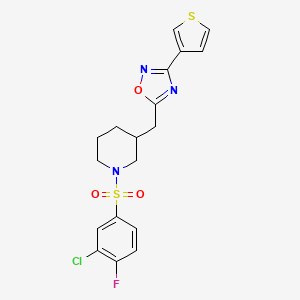 molecular formula C18H17ClFN3O3S2 B2580875 5-((1-((3-Chloro-4-fluorophenyl)sulfonyl)piperidin-3-yl)methyl)-3-(thiophen-3-yl)-1,2,4-oxadiazole CAS No. 1795088-97-9