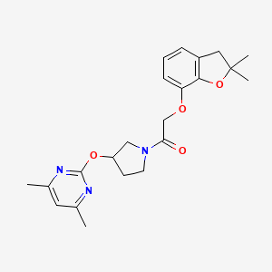 molecular formula C22H27N3O4 B2580977 2-((2,2-Dimethyl-2,3-dihydrobenzofuran-7-yl)oxy)-1-(3-((4,6-dimethylpyrimidin-2-yl)oxy)pyrrolidin-1-yl)ethanone CAS No. 2034302-58-2