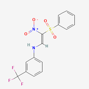 molecular formula C15H11F3N2O4S B2581052 N-[(E)-2-(benzenesulfonyl)-2-nitroethenyl]-3-(trifluoromethyl)aniline CAS No. 321433-84-5