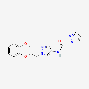 molecular formula C17H17N5O3 B2581069 N-(1-((2,3-二氢苯并[b][1,4]二氧杂环-2-基)甲基)-1H-吡唑-4-基)-2-(1H-吡唑-1-基)乙酰胺 CAS No. 1706271-41-1
