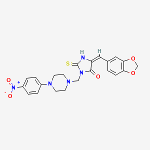 molecular formula C22H21N5O5S B2581070 5-(1,3-benzodioxol-5-ylmethylene)-3-{[4-(4-nitrophenyl)piperazino]methyl}-2-thioxotetrahydro-4H-imidazol-4-one CAS No. 865659-86-5