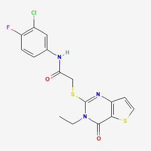 molecular formula C16H13ClFN3O2S2 B2581075 N-(3-chloro-4-fluorophenyl)-2-[(3-ethyl-4-oxo-3,4-dihydrothieno[3,2-d]pyrimidin-2-yl)sulfanyl]acetamide CAS No. 1252917-29-5