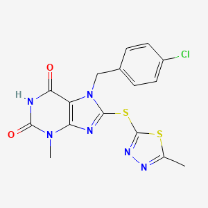 molecular formula C16H13ClN6O2S2 B2581130 7-[(4-Chlorophenyl)methyl]-3-methyl-8-[(5-methyl-1,3,4-thiadiazol-2-yl)sulfanyl]purine-2,6-dione CAS No. 674357-51-8