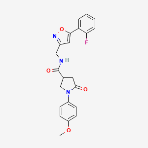 molecular formula C22H20FN3O4 B2581200 N-((5-(2-fluorophenyl)isoxazol-3-yl)methyl)-1-(4-methoxyphenyl)-5-oxopyrrolidine-3-carboxamide CAS No. 1040638-90-1