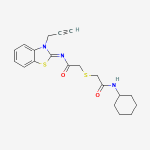 molecular formula C20H23N3O2S2 B2581208 (Z)-N-cyclohexyl-2-((2-oxo-2-((3-(prop-2-yn-1-yl)benzo[d]thiazol-2(3H)-ylidene)amino)ethyl)thio)acetamide CAS No. 851717-41-4