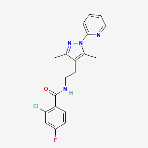 molecular formula C19H18ClFN4O B2581277 2-chloro-N-(2-(3,5-dimethyl-1-(pyridin-2-yl)-1H-pyrazol-4-yl)ethyl)-4-fluorobenzamide CAS No. 2034619-82-2