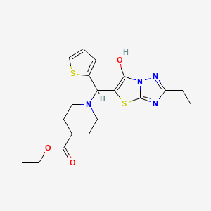 molecular formula C19H24N4O3S2 B2581297 Ethyl 1-((2-ethyl-6-hydroxythiazolo[3,2-b][1,2,4]triazol-5-yl)(thiophen-2-yl)methyl)piperidine-4-carboxylate CAS No. 886907-78-4