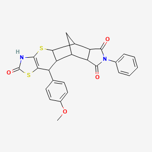 molecular formula C26H22N2O4S2 B2581298 (4aR,5R,5aR,8aR,9S)-10-(4-methoxyphenyl)-7-phenyl-5,5a,8a,9,9a,10-hexahydro-5,9-methanothiazolo[5',4':5,6]thiopyrano[2,3-f]isoindole-2,6,8(3H,4aH,7H)-trione CAS No. 1177578-33-4
