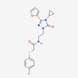 molecular formula C19H19FN4O3S B2581380 N-(2-(4-cyclopropyl-3-(furan-2-yl)-5-oxo-4,5-dihydro-1H-1,2,4-triazol-1-yl)ethyl)-2-((4-fluorophenyl)thio)acetamide CAS No. 1797584-81-6