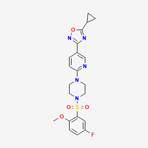 molecular formula C21H22FN5O4S B2581390 5-Cyclopropyl-3-(6-(4-((5-fluoro-2-methoxyphenyl)sulfonyl)piperazin-1-yl)pyridin-3-yl)-1,2,4-oxadiazole CAS No. 1421444-07-6