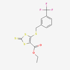 molecular formula C14H11F3O2S4 B2581408 Ethyl 2-thioxo-5-{[3-(trifluoromethyl)benzyl]sulfanyl}-1,3-dithiole-4-carboxylate CAS No. 338793-29-6