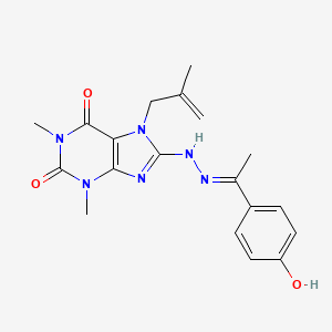 molecular formula C19H22N6O3 B2581420 8-{(2E)-2-[1-(4-Hydroxyphenyl)ethylidene]hydrazino}-1,3-dimethyl-7-(2-methyl-2-propenyl)-3,7-dihydro-1H-purine-2,6-dione CAS No. 374101-74-3