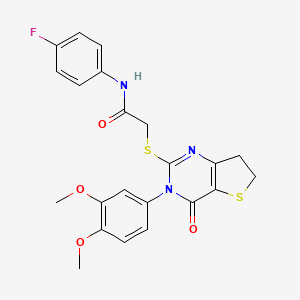 molecular formula C22H20FN3O4S2 B2581424 2-((3-(3,4-dimethoxyphenyl)-4-oxo-3,4,6,7-tetrahydrothieno[3,2-d]pyrimidin-2-yl)thio)-N-(4-fluorophenyl)acetamide CAS No. 877655-84-0