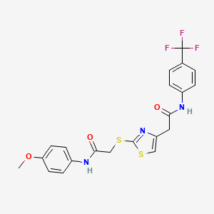 molecular formula C21H18F3N3O3S2 B2581453 N-(4-methoxyphenyl)-2-((4-(2-oxo-2-((4-(trifluoromethyl)phenyl)amino)ethyl)thiazol-2-yl)thio)acetamide CAS No. 942000-54-6