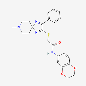 molecular formula C24H26N4O3S B2581544 N-(2,3-dihydrobenzo[b][1,4]dioxin-6-yl)-2-((8-methyl-3-phenyl-1,4,8-triazaspiro[4.5]deca-1,3-dien-2-yl)thio)acetamide CAS No. 1185003-38-6