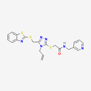 molecular formula C21H20N6OS3 B2581597 2-[4-Allyl-5-(benzothiazol-2-ylsulfanylmethyl)-4H-[1,2,4]triazol-3-ylsulfanyl]-N-pyridin-3-ylmethyl-acetamide CAS No. 315695-78-4