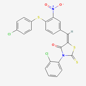 molecular formula C22H12Cl2N2O3S3 B2581604 (5E)-3-(2-chlorophenyl)-5-[[4-(4-chlorophenyl)sulfanyl-3-nitrophenyl]methylidene]-2-sulfanylidene-1,3-thiazolidin-4-one CAS No. 298216-02-1