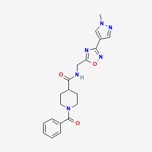 molecular formula C20H22N6O3 B2581685 1-benzoyl-N-((3-(1-methyl-1H-pyrazol-4-yl)-1,2,4-oxadiazol-5-yl)methyl)piperidine-4-carboxamide CAS No. 2034559-48-1