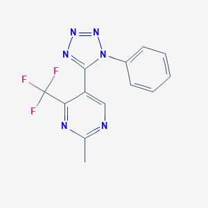 molecular formula C13H9F3N6 B258172 2-methyl-5-(1-phenyl-1H-tetraazol-5-yl)-4-(trifluoromethyl)pyrimidine 