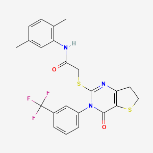 molecular formula C23H20F3N3O2S2 B2581730 N-(2,5-dimethylphenyl)-2-((4-oxo-3-(3-(trifluoromethyl)phenyl)-3,4,6,7-tetrahydrothieno[3,2-d]pyrimidin-2-yl)thio)acetamide CAS No. 877654-12-1