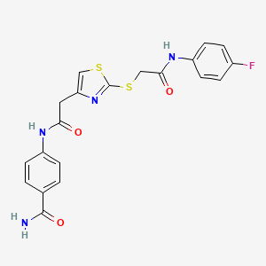 molecular formula C20H17FN4O3S2 B2581743 4-(2-(2-((2-((4-Fluorophenyl)amino)-2-oxoethyl)thio)thiazol-4-yl)acetamido)benzamide CAS No. 942001-41-4