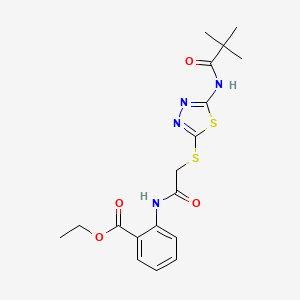 molecular formula C18H22N4O4S2 B2581927 Ethyl 2-(2-((5-pivalamido-1,3,4-thiadiazol-2-yl)thio)acetamido)benzoate CAS No. 893353-91-8