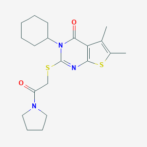 molecular formula C20H27N3O2S2 B258203 3-Cyclohexyl-5,6-dimethyl-2-(2-oxo-2-pyrrolidin-1-ylethyl)sulfanylthieno[2,3-d]pyrimidin-4-one 