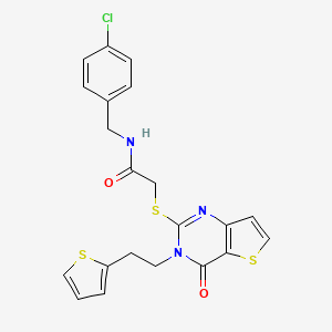 molecular formula C21H18ClN3O2S3 B2582039 N-(4-chlorobenzyl)-2-({4-oxo-3-[2-(thiophen-2-yl)ethyl]-3,4-dihydrothieno[3,2-d]pyrimidin-2-yl}sulfanyl)acetamide CAS No. 1260624-81-4