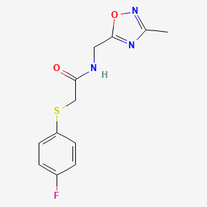 molecular formula C12H12FN3O2S B2582040 2-((4-氟苯基)硫代)-N-((3-甲基-1,2,4-恶二唑-5-基)甲基)乙酰胺 CAS No. 1219913-02-6