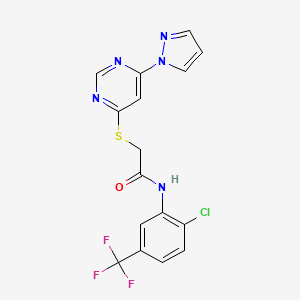 molecular formula C16H11ClF3N5OS B2582056 2-((6-(1H-pyrazol-1-yl)pyrimidin-4-yl)thio)-N-(2-chloro-5-(trifluoromethyl)phenyl)acetamide CAS No. 1251680-64-4