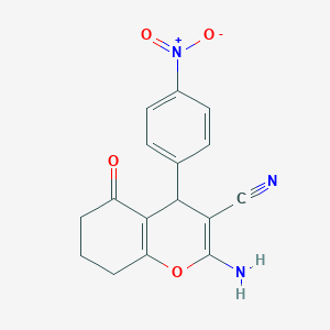 molecular formula C16H13N3O4 B2582116 2-amino-4-(4-nitrophenyl)-5-oxo-5,6,7,8-tetrahydro-4H-chromene-3-carbonitrile CAS No. 156176-90-8