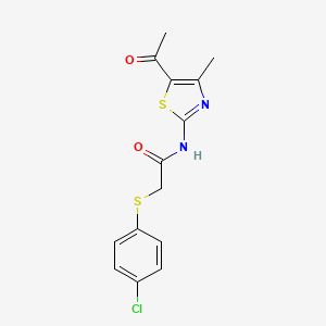 molecular formula C14H13ClN2O2S2 B2582181 N-(5-乙酰基-4-甲基噻唑-2-基)-2-((4-氯苯基)硫代)乙酰胺 CAS No. 895470-04-9