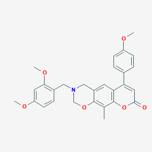 molecular formula C28H27NO6 B258219 3-(2,4-dimethoxybenzyl)-6-(4-methoxyphenyl)-10-methyl-3,4-dihydro-2H,8H-chromeno[6,7-e][1,3]oxazin-8-one 